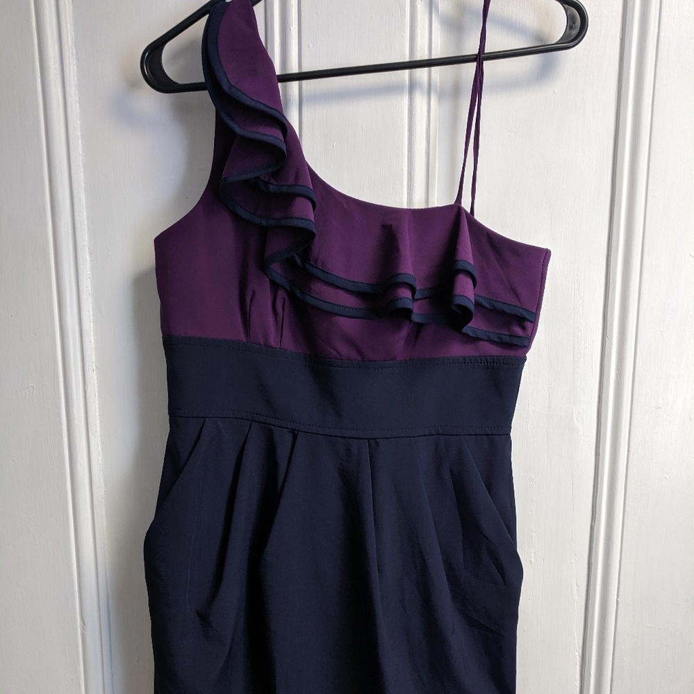 One Shoulder Purple and Navy Size 7 Pencil Dress